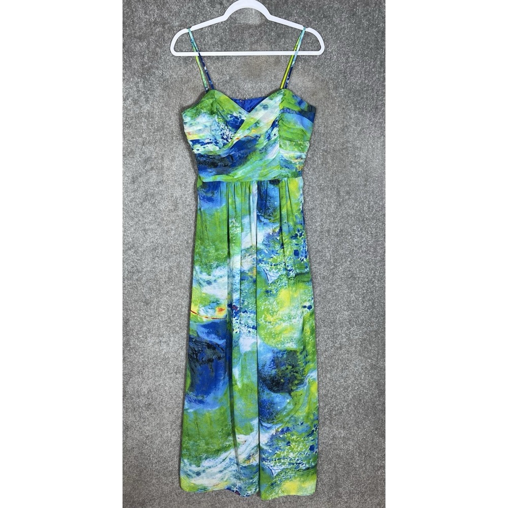 Vintage Robbie Bee Evening Maxi Dress Womens Sz 10 Green Blue Pleated Bodice Y2K